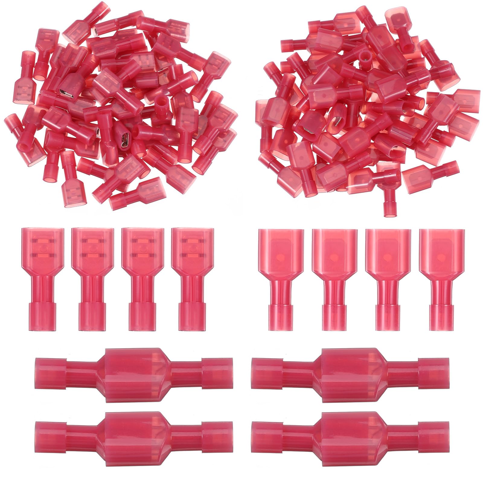 Photo 1 of 100PCS Nylon Spade Connectors Kit, Red 22-18 Awg Insulated Male & Female Electrical Connector Wire Spade Crimp Terminals Quick Disconnect Wire Connectors for Auto Boat Industrial Application