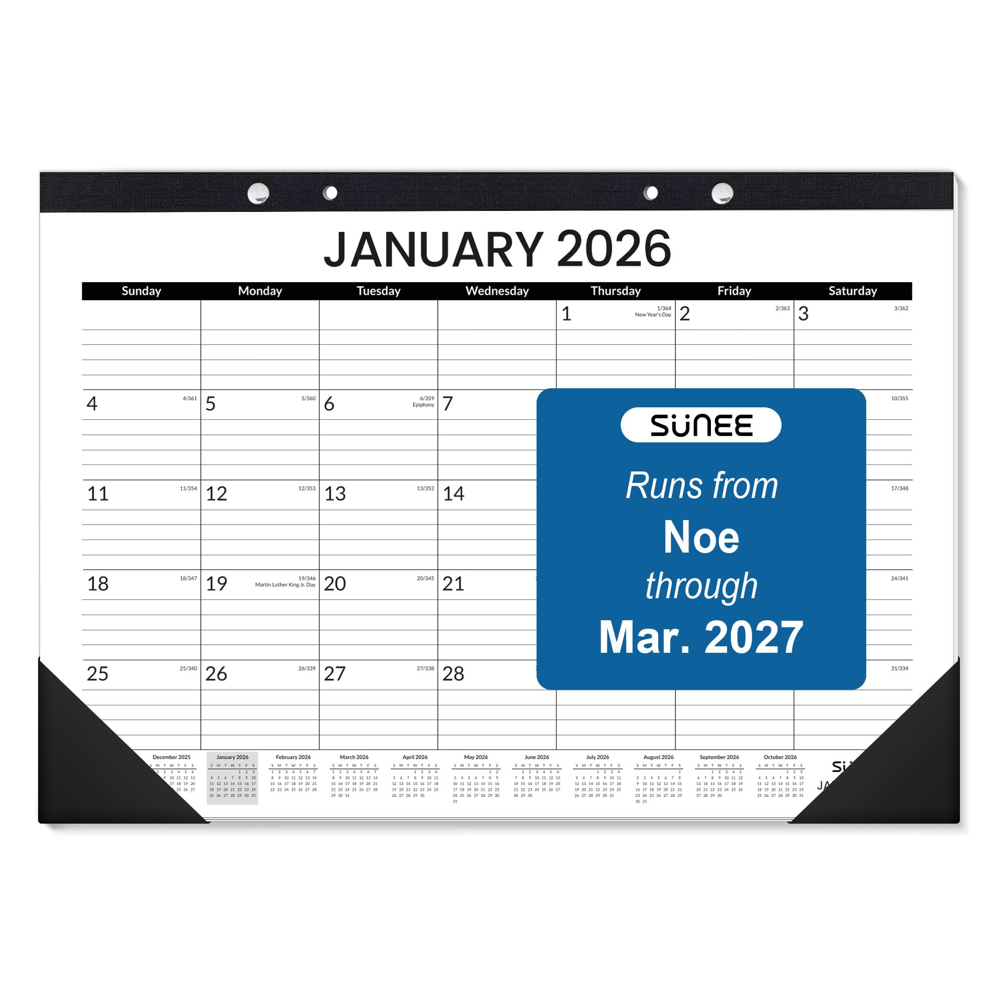 Photo 1 of SUNEE Desk Calendar 2026, 18 Months from Oct. 2025 to Mar. 2027, 17"x12" Academic 2026 Calendar for Home, School, or Office Desk Top Organizing, Black Monthy Calendar 2026