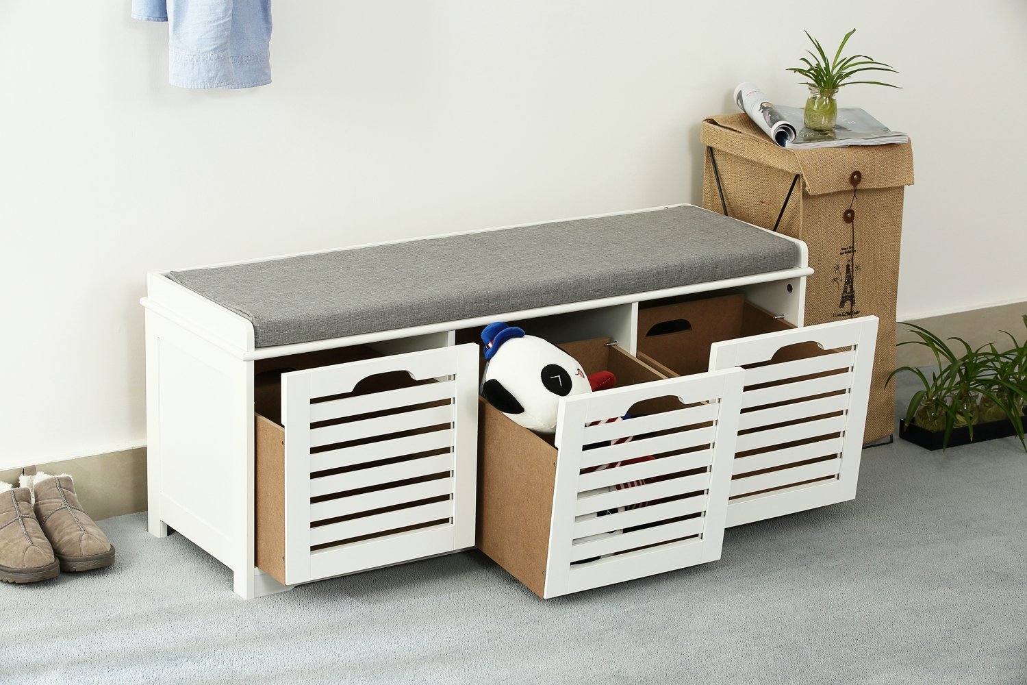 Orolay Banco De Almacenamiento Con Acolchados Cojines Y 3 Cubos Entrada