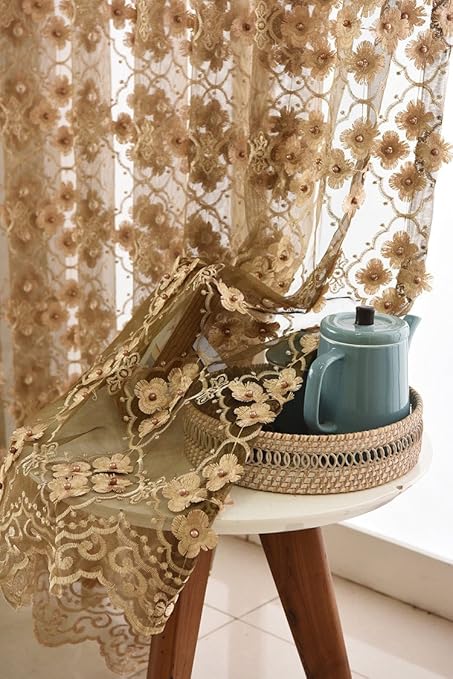 Amazon Com Bedroom Coffee Floral Sheer Curtains Embroidered Lace