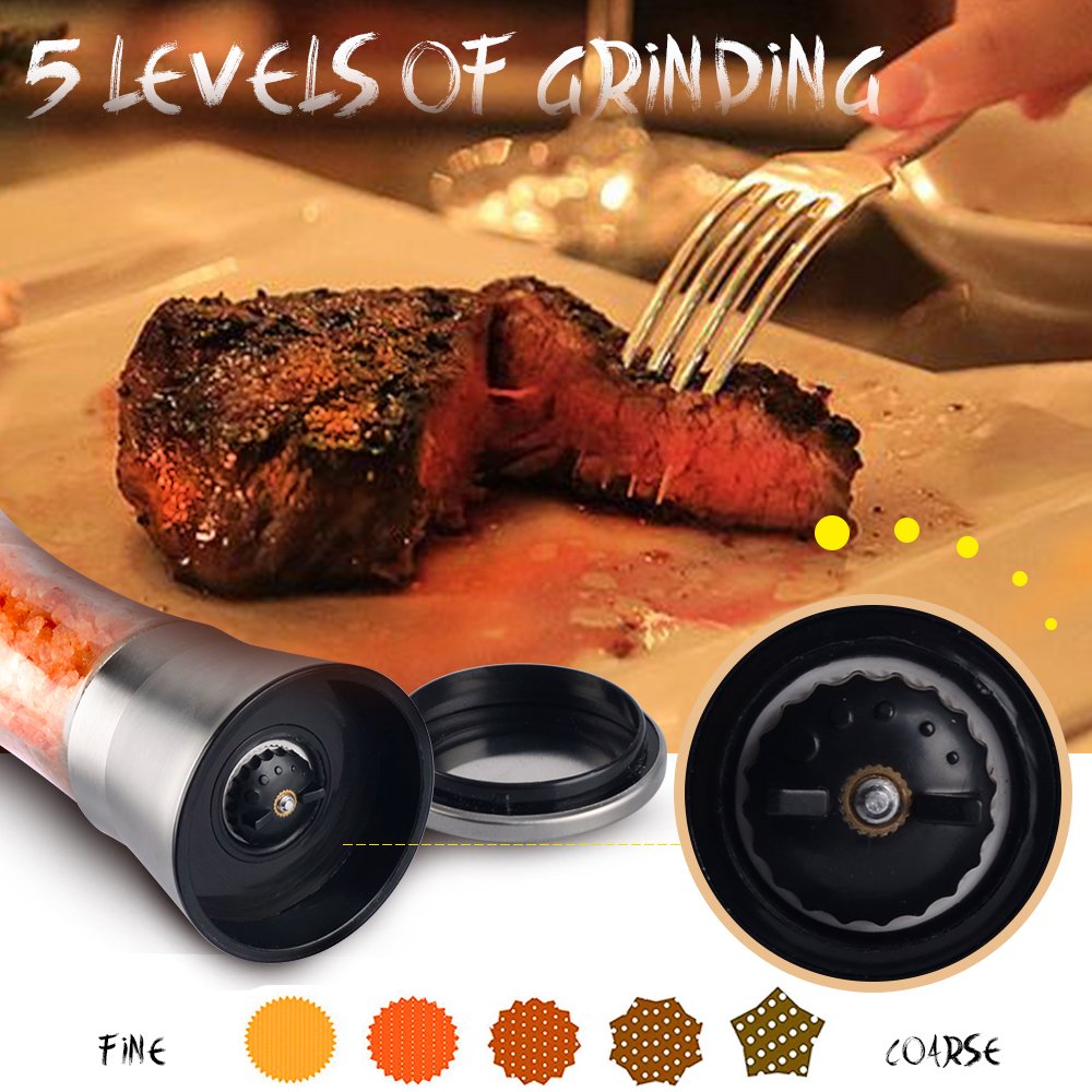SHiZAK Set of 2 Salt and Pepper Grinder, Spice Grinder with Adjustable Coarseness Ceramic Rotor, Stainless Steel Pepper Shakers with 1 pcs Cleaning Brush