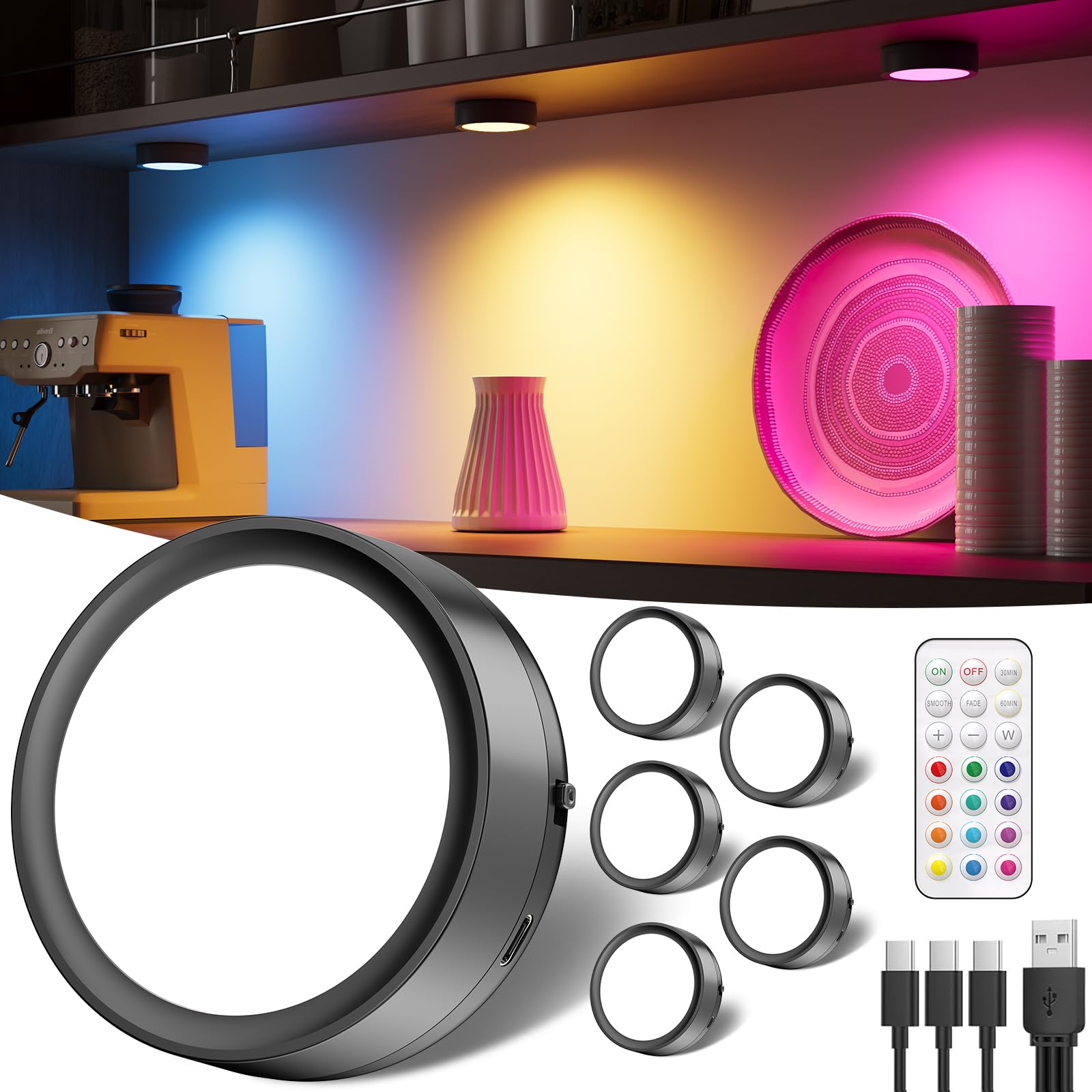 Photo 1 of USB Rechargeable RGB Puck Lights with Remote, 2400mAh Color Changing Battery Powered Tap Light Classroom Magnetic Push light Stick On Closet lamp Wireless LED Shelf Lighting Under Cabinet Touch Lights