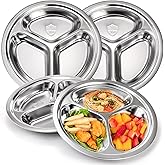Hacaroa Set of 4 Stainless Steel Round Divided Plates, 8 Inch Dinner Plates 3 Sections Metal Food Tray, Unbreakable Snack Ser