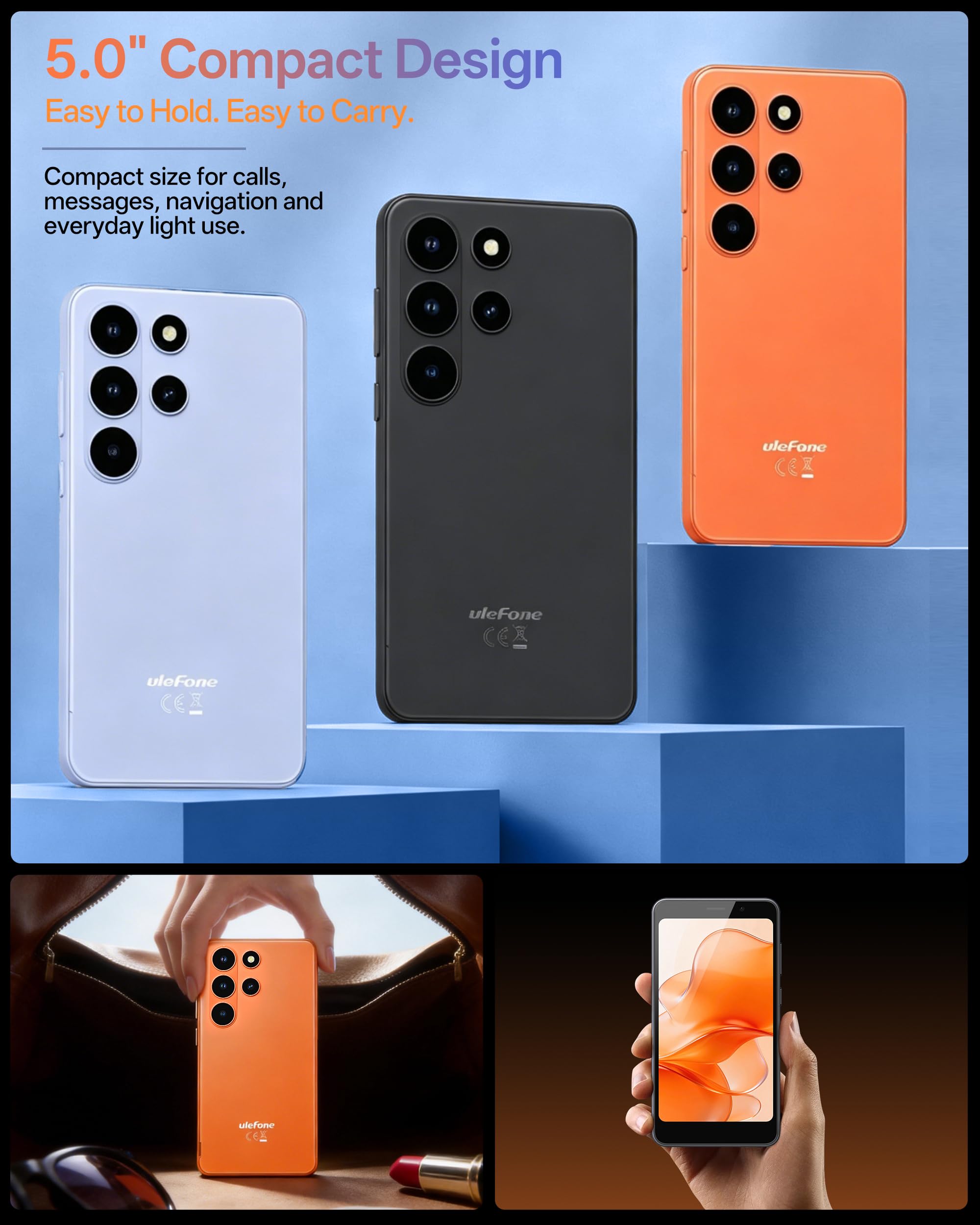 Ulefone Note 22 Handy Ohne Vertrag Android 16 Go, 20GB RAM+32GB ROM/SD-2TB, 3000mAh Austauschbarer Akku, Mini 5.0" Octa Core Smartphone DREI Kartenfächer Dual SIM 4G/Face ID/GPS/OTG/FM Orange 2