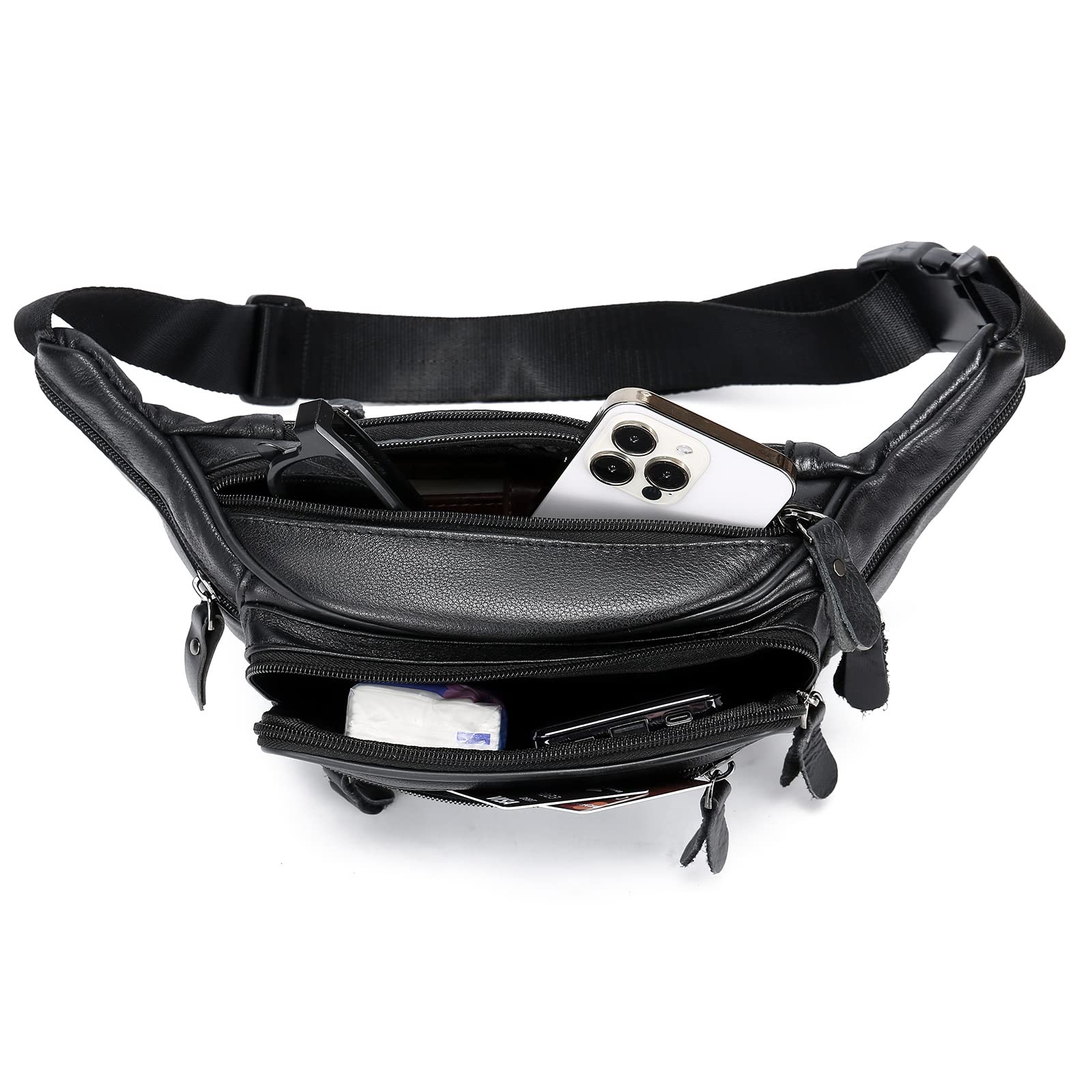 OrrinSports Black Leather Fanny Pack for Men & Women, Fashionable Multi-Pockets Waist Belt Bag for Travel Sports Hiking Cycling Fishing Running