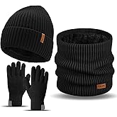 3 Pieces Winter Hat Scarf Touchscreen Gloves Set for Men and Women, Thick Warm Fleece Lined Knit Beanie Hat Neck Warmer
