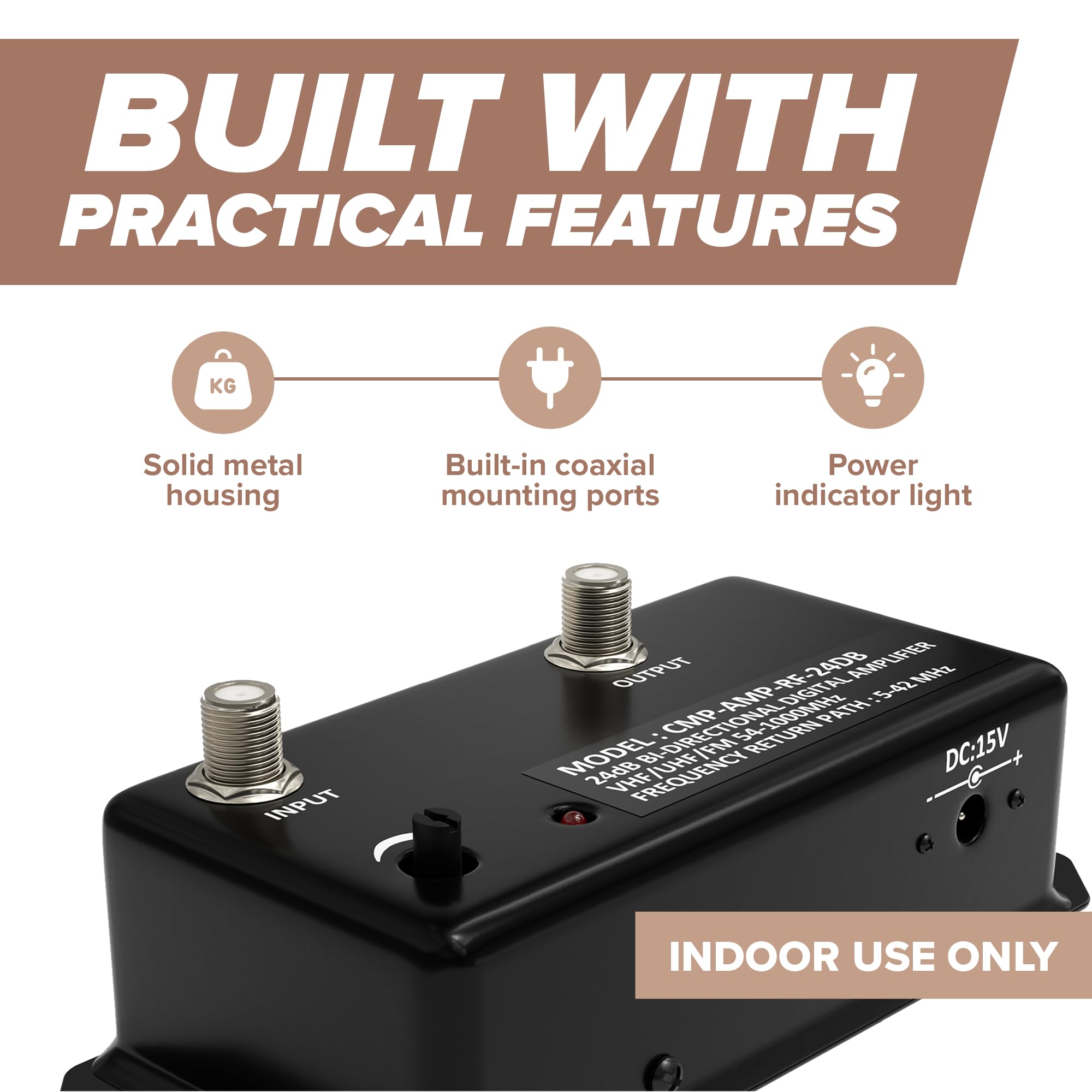 THE CIMPLE CO Antenna Amplifier Kit, Digital TV Signal Booster with Coax, Adjustable Gain, 24 dB Distribution, NTSC, ATSC, FM, UHF, VHF, 1000 MHz, Includes RG6 Coaxial Cable, Indoor Use Only