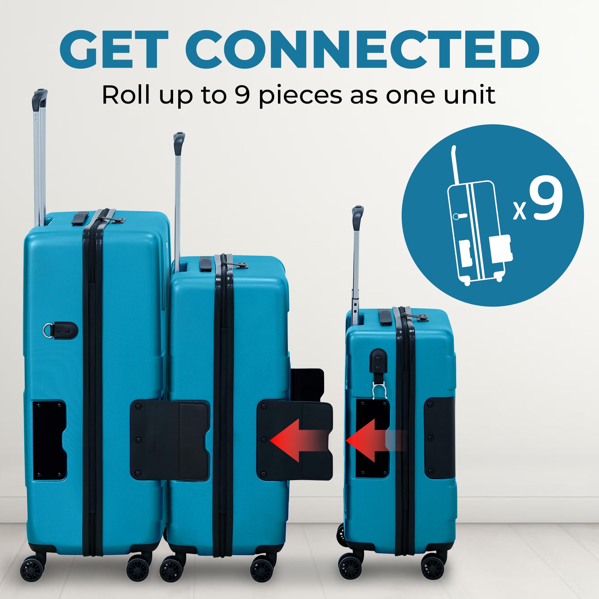 TACH V3.1 Hard Shell 3 Piece Luggage Set - 20, 24 & 28 inch Luggage | Carry On, Medium & Large Checked Suitcases | Patented Built-In Connecting System | Rolling Suitcase Links 9 Bags (Blue)