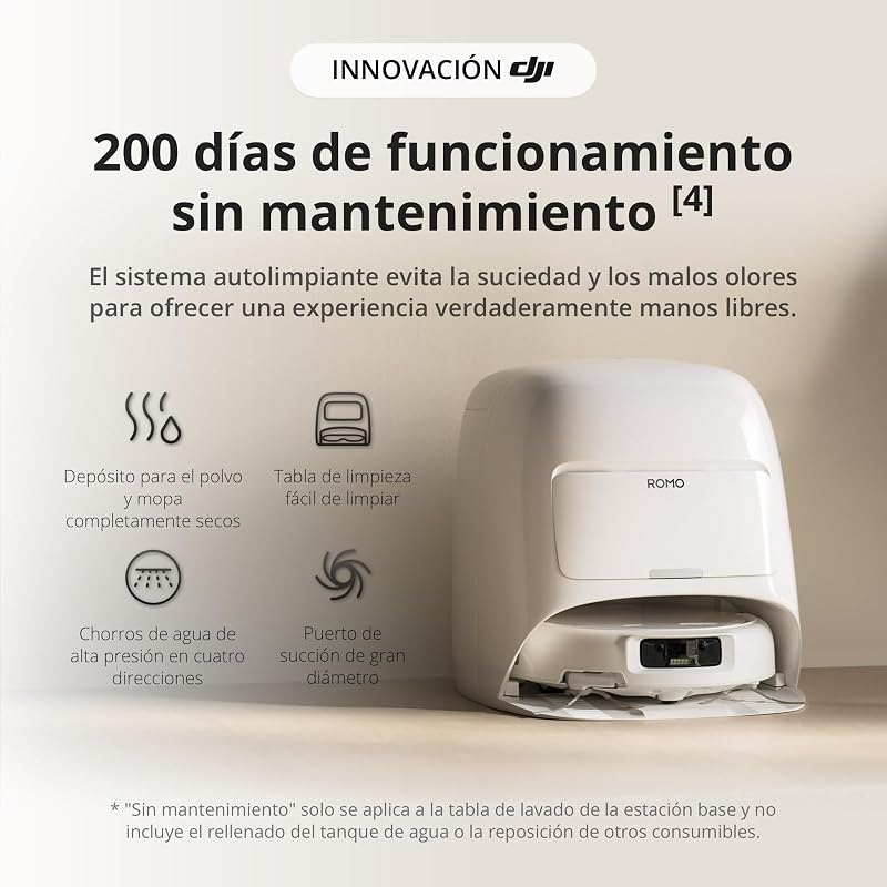 Aspirador e esfregão robótico DJI Romo S com sucção de 25.000 Pa, deteção a nível de drone, braços robóticos duplos, 200 dias de operação sem manutenção, escova de rolos anti-emaranhado