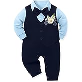 mikiumkee Baby Boy Suit Gentleman Clothes Wedding Outfits Formal Jumpsuit Long Sleeve Romper+Vest 0-24M