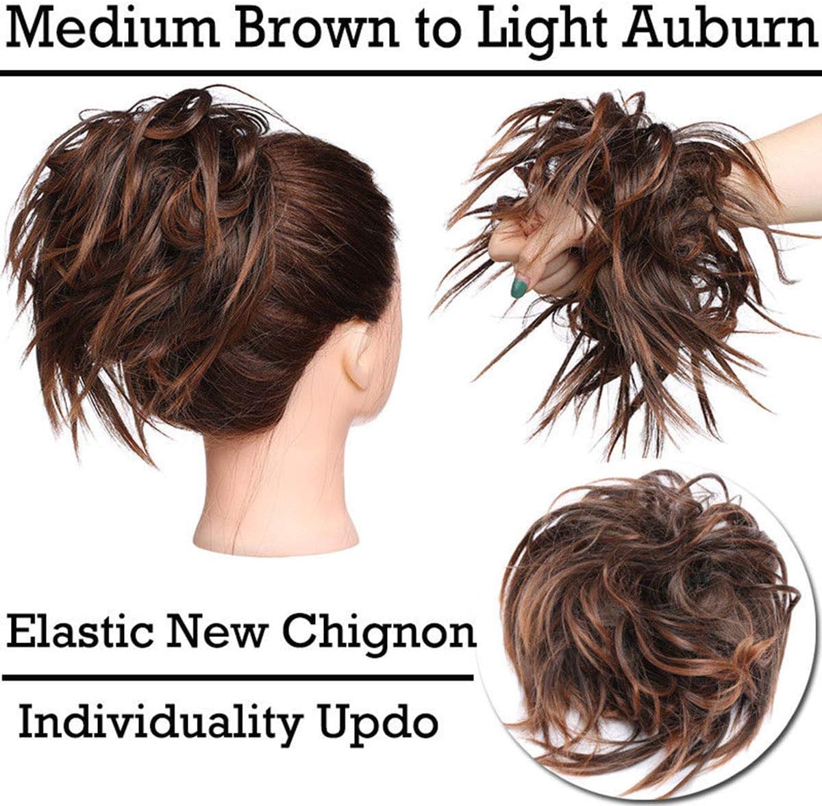 Hair Extensions Chignons Hairpiece Hair Rubber Scrunchie Scrunchy Updos VOLUMINOUS Wavy Messy Bun Light Auburn to Brown