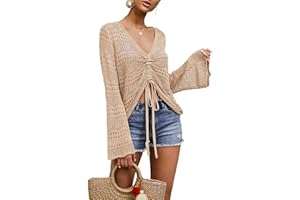 FERBIA Women Crochet Top Beach Cloth Drawstring Shirt Cover Up Oversized Sexy Beachwear Lace Up Tee Poncho