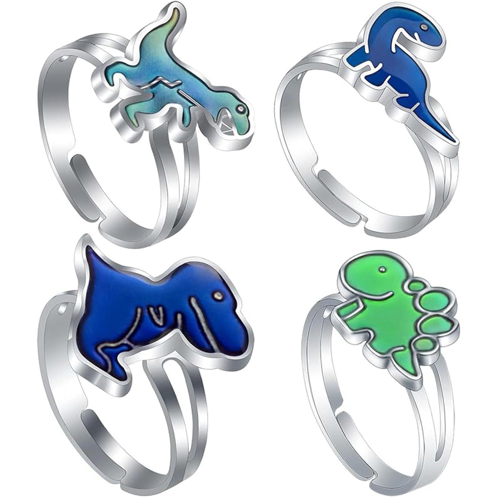 CtiUjdx 4 Piece Dinosaur Mood Ring Set, Interactive Temperature Color Changing mood ring, Fun Adjustable Rings for Daily Wear, Cool Unisex Dinosaur Design