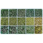 GOMAKERER About 6200 Pcs 15 Styles Green Series Glass Bugle Seed Beads, 2-7mm Mixed Styles Mini Tube Round Seed Beads Loose Spacer Bead for DIY Crafting Jewelry Making