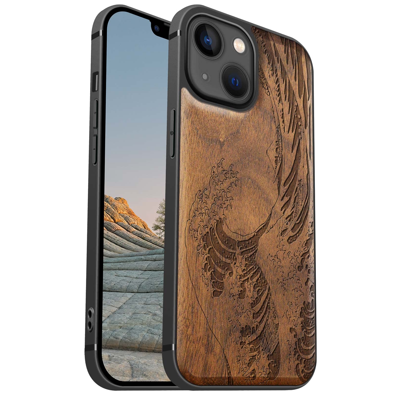 Carveit Magnetic Wood Case for iPhone 13 Mini Case [Hard Real Wood & Soft TPU] Shockproof Protective Cover Wooden Design Bumper Case Compatible with MagSafe (Wave Kanagawa-Walnut)