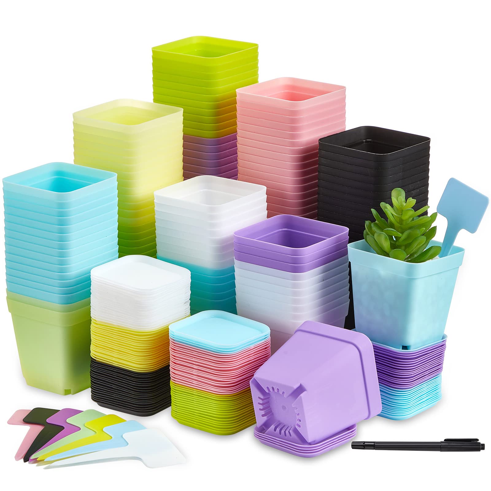 Photo 1 of 140 Pcs 3 Inch Plastic Plant Pots Square Seedling Nursery Pots Reusable Small Plant Pots with Saucers 140 Pcs Waterproof Plant Labels T Type Plant Tags Marking Pen for Garden Balcony Office