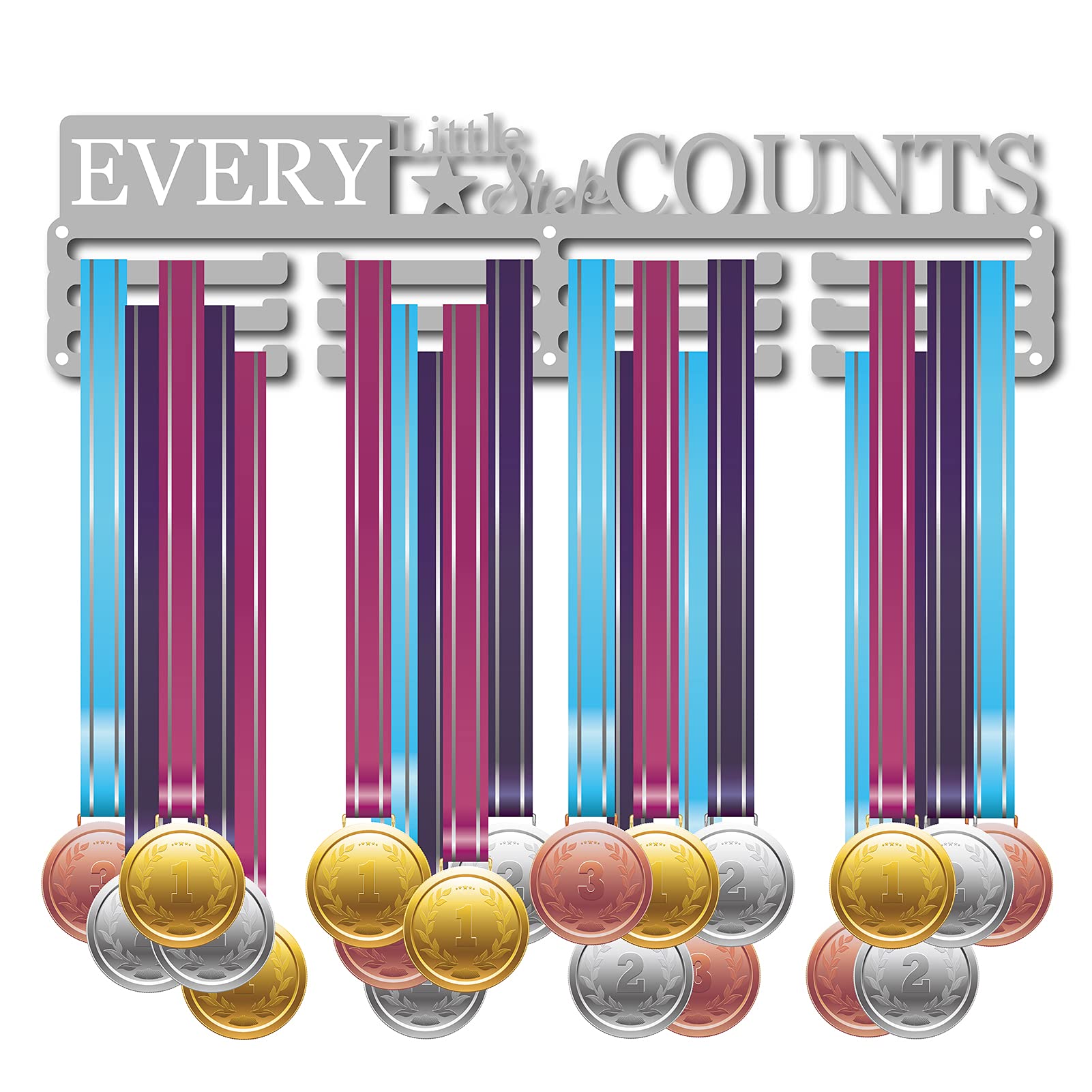 CREATCABIN Medal Holder Sport Every Little Step Counts Start Awards Display Stand Wall Rack Mount Hanger Decor for Champions Home Badge 3 Rung Medalist 60 Medals Games 15.7x4.1inch
