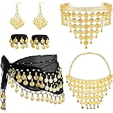 Eorbow 7 PCS Gypsy Costume Set, Fortune Teller Outfit Accessories for Women, Chiffon Belly Dance Hip Scarf with Coin Headpiece Necklace Bracelet Earrings, Halloween Cosplay Supplies
