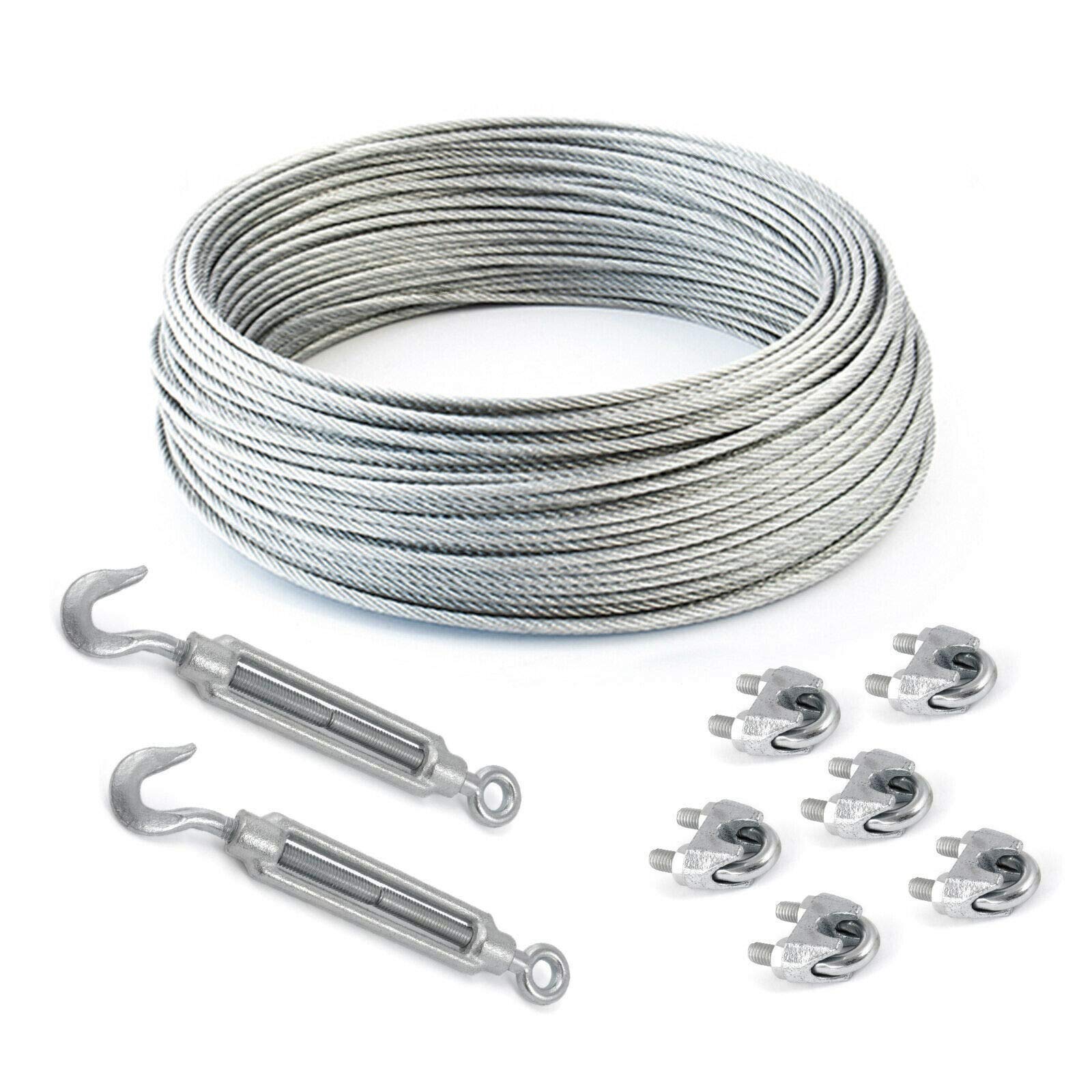 Set Of 40 M Galvanised Wire Rope 3 mm Strand: 6 x 7 + 6 Clamps + 2 Eyelets/Hook Tensioners
