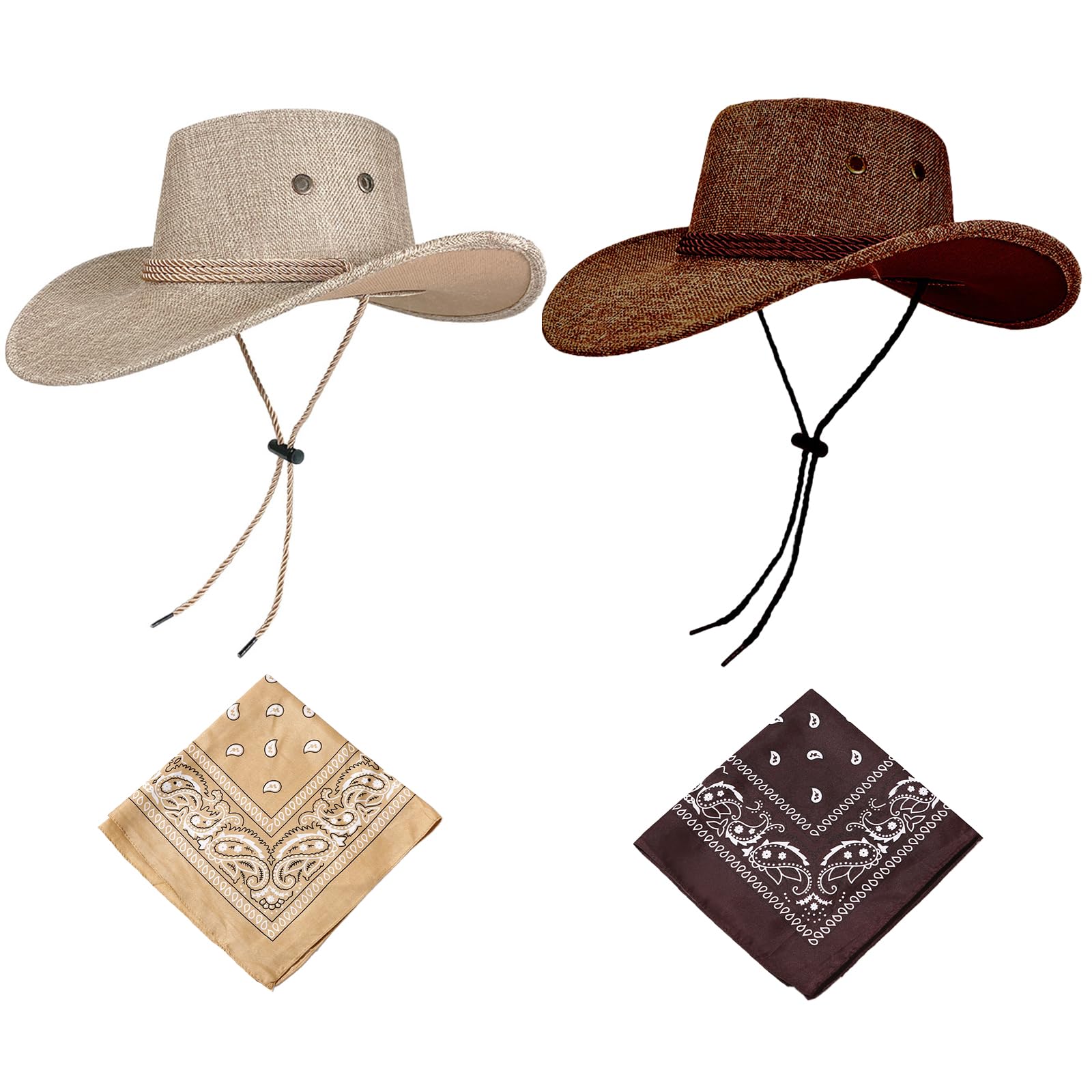 Rthynti Hats Pack of 2 Unisex Felt Western Hats & Bandanas, Texas Texan Costume Accessories, Cowboy Hat and Bandana, Cowboy Accessory Set for West Fancy Dress Party, Halloween Party