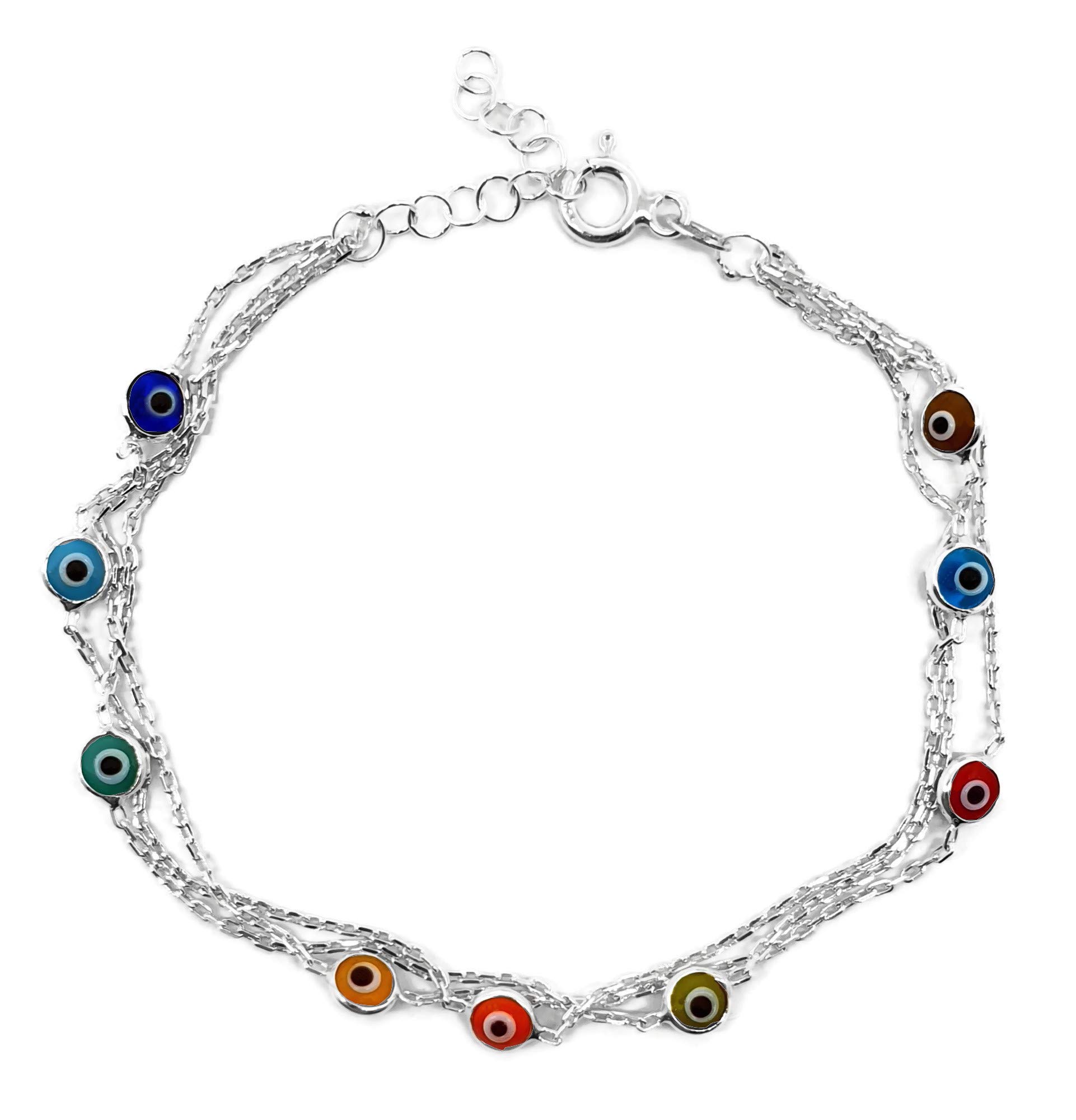 MYSTIC JEWELS by Dalia - 19 cm Silver Evil Eye Bracelet on Triple Chain with Little Eyes - for Good Luck, Crystal, (Multicolor)