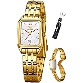 OLEVS Women's Small Gold Watch, Square Ladies Watches for Small Wrists, Dainty Fashion Luxury Dressy Analog Quartz Date Waterproof Wrist Watch for Women,Gold/Black/White/Blue/Green Face