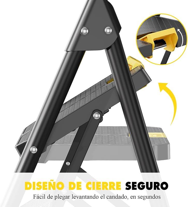 Escada dobrável de 3 degraus com fechadura de segurança, carga doméstica de tesoura até 360kg com pedal antiderrapante largo, corrimão, banco de aço para cozinha doméstica, preto