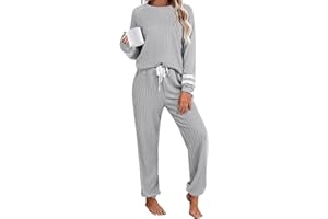 Ekouaer Lounge Sets for Women Ribbed Knit Outfits Pajamas Sets 2 Piece Long Sleeve Sweatsuits with Pockets