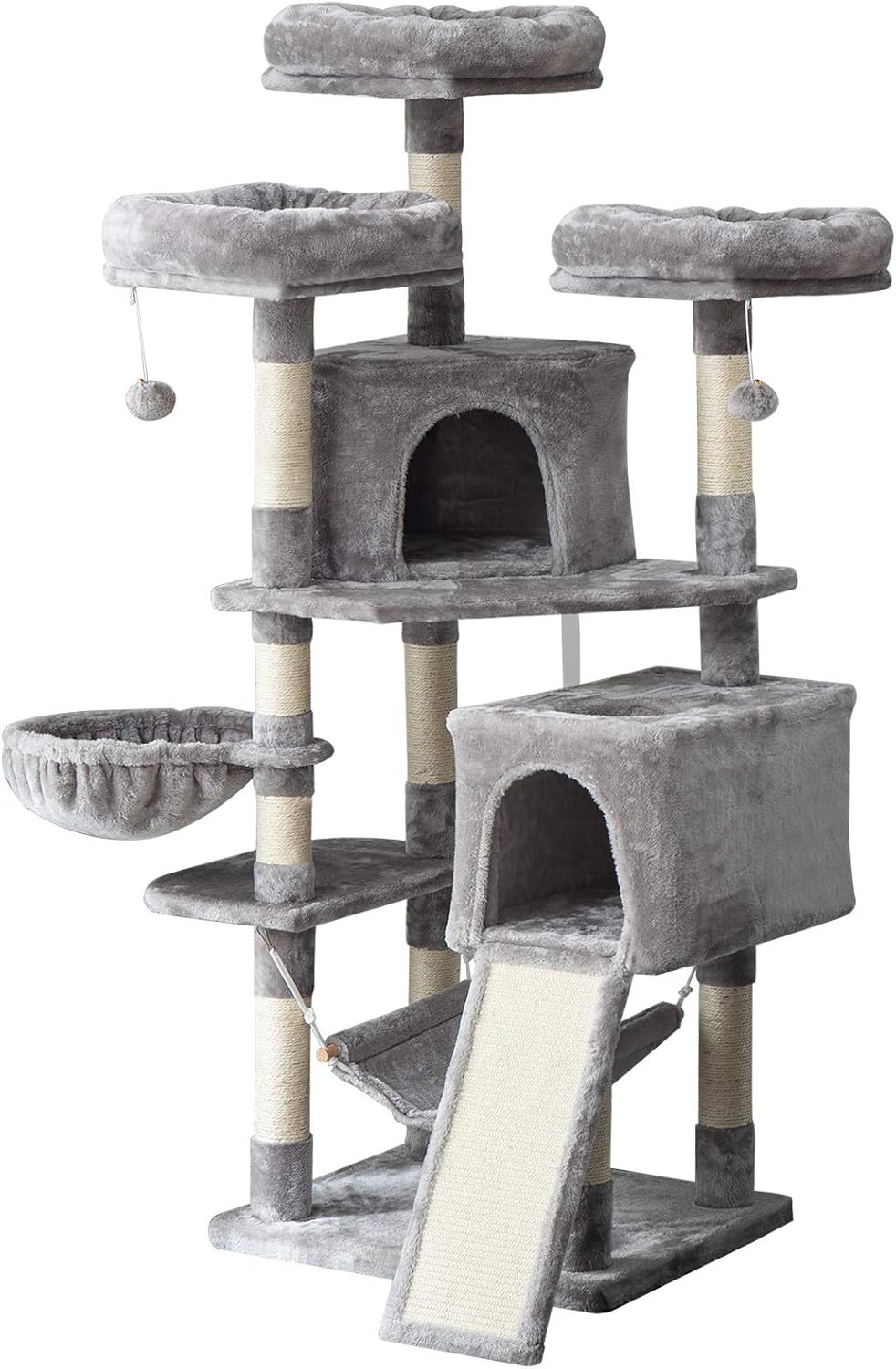 IBUYKE 63inches Multi-Level Cat Tree Tower for Large Cats Play Furniture Cat Condo with Sisal Scratching Posts&Board, Platforms, Hammock Basket, Dangling Balls, Light Gray UCT021W : Pet Supplies