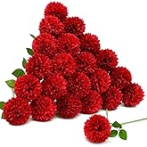 Floweroyal 24pcs Artificial Chrysanthemum Ball Flower, Fake Mums Silk Hydrangea Bridal Wedding Bouquet for Home Garden Party Office Coffee House Decoration (Red)