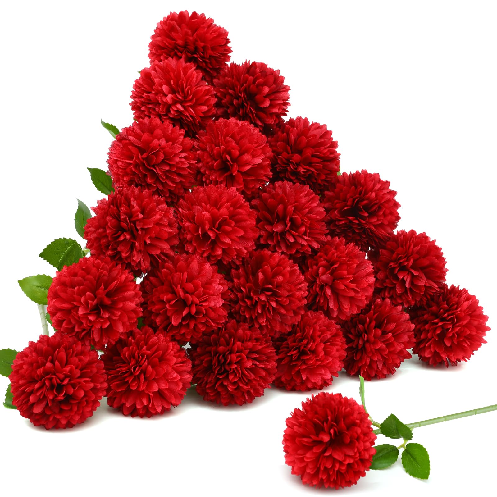 Photo 1 of Floweroyal 24pcs Artificial Chrysanthemum Ball Flower, Fake Mums Silk Hydrangea Bridal Wedding Bouquet for Home Garden Party Office Coffee House Decoration (Red)