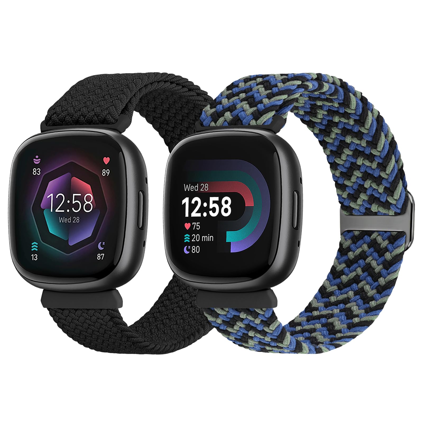 SHIJZWD Elastic Braided StrapCompatiblewithFitbit Versa 2 Pack Sport Nylon BandAdjustable Stretchy Replacement WristbandforFitbit Versa 3Versa 4Sense 2Sense Women Men Black+Camouflage Blue — image 1
