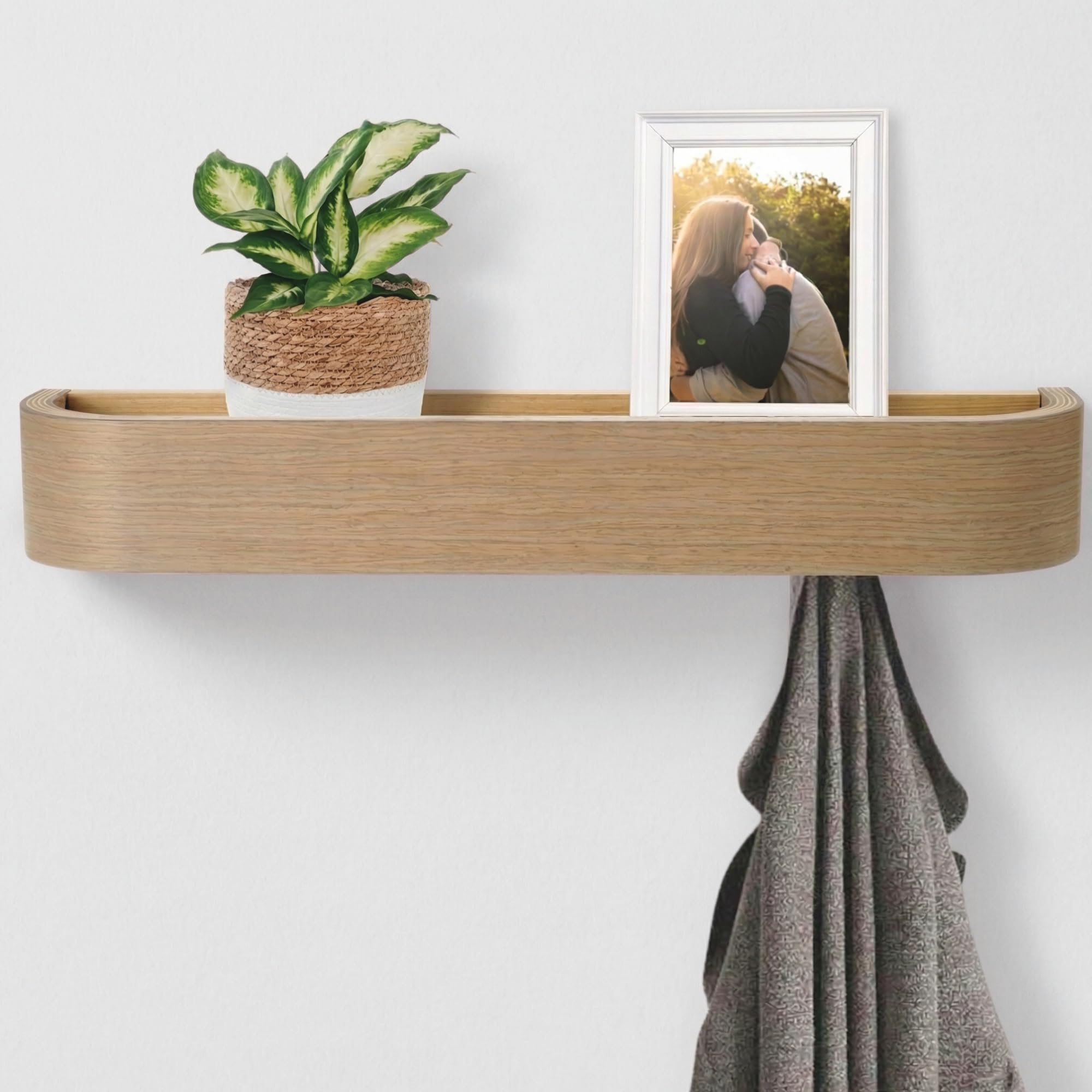 keypak Scandi Wooden Coat Rack with Shelf - Wall Mounted 4 Hidden Coat Hooks & 49cm Floating Shelf for Hallways, Bedrooms & Entryways - Burlywood