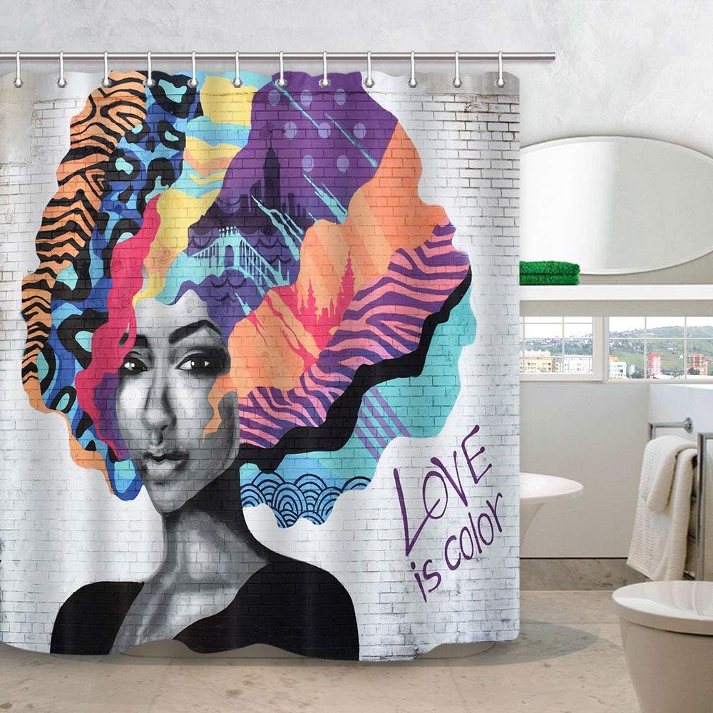 African American Shower Curtain, Afro Girl with Colourful Hair Hairstyle Portrait on White Brick Wall Hippie Art Shower Curtain for Bathroom, Fabric Bath Curtains 12PCS Hooks, 69X70 in