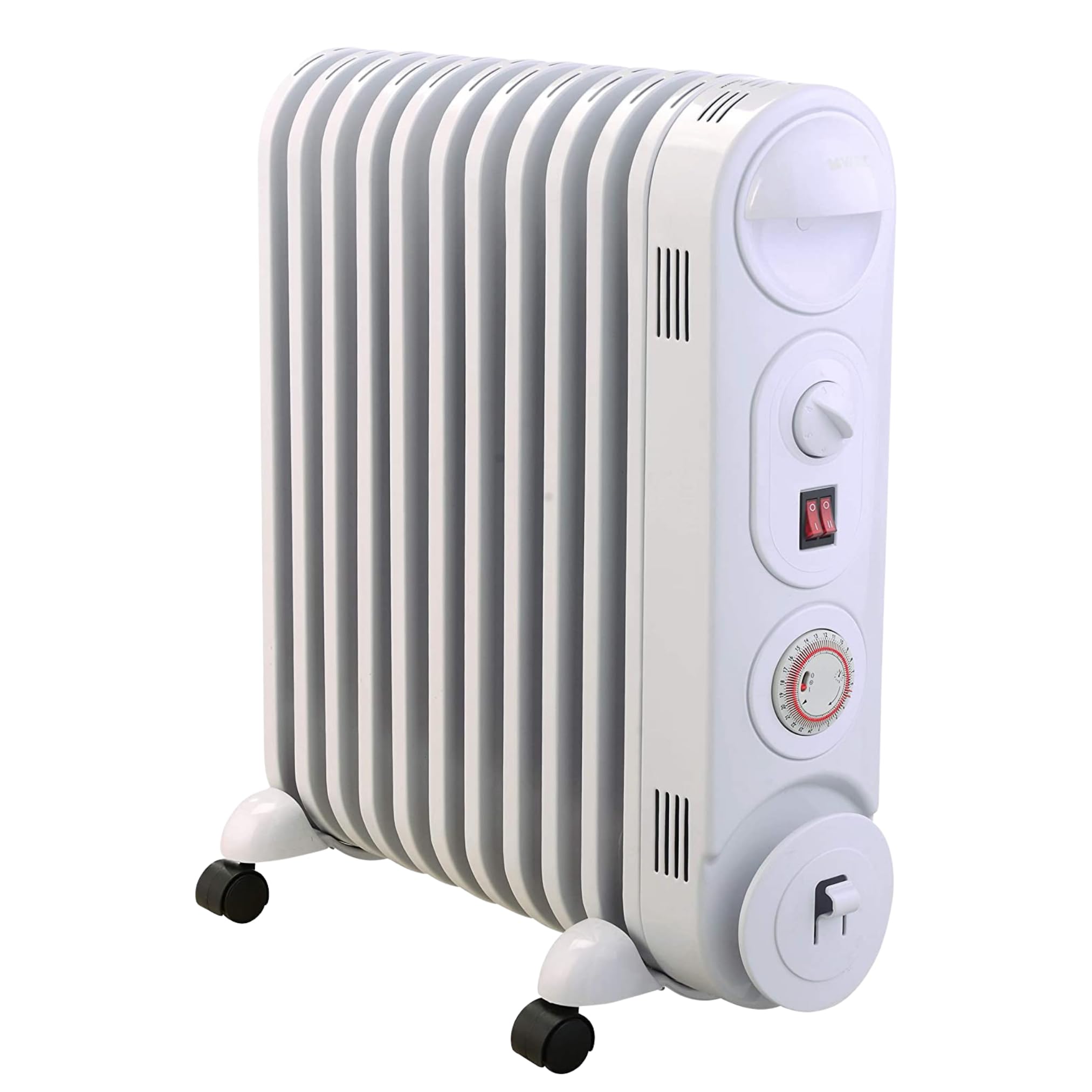 MYLEK Oil Filled Radiator Heater Electric, Portable 2.5KW White, Thermostat and 24hr Repeat Timer, 3 Heat Settings, Unique Safe Panel Fin Design (2500W White)