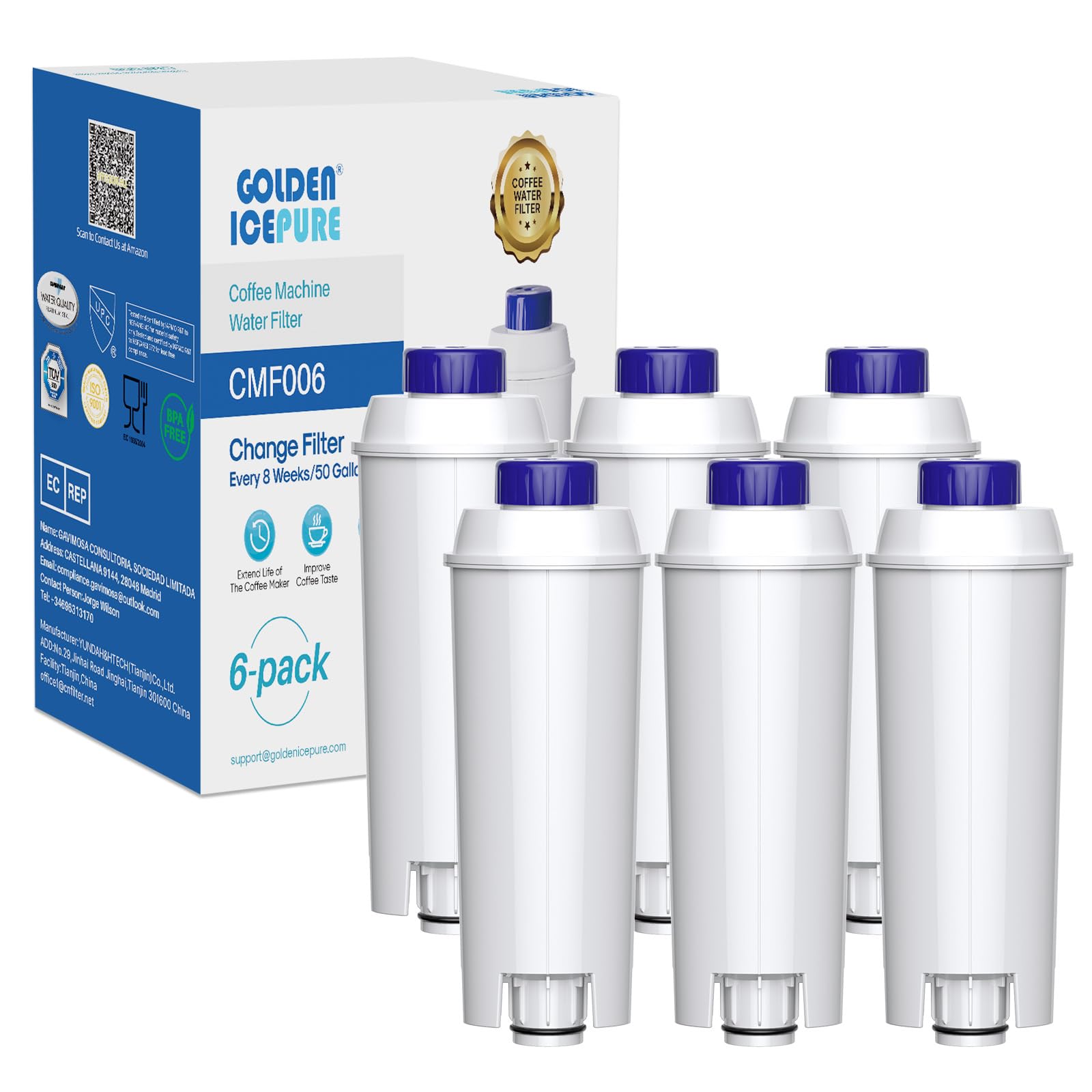 GOLDEN ICEPURE Coffee Machines Water Filter Compatible with De'Longhi DLSC002, SER3017 & 5513292811,De Longhi,ECAM, Esam, ETAM, BCO, EC-Series,6 Pieces