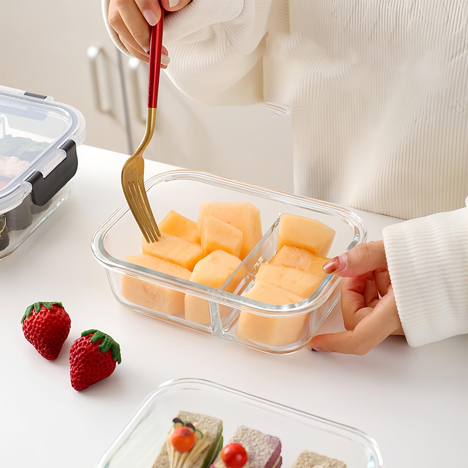 LEKEFETO 2 Stück Meal Prep Boxen Glas: Glasbehälter mit Deckel mit 2 Fächer, Glass Meal Prep Containers 1040ml, Glas Frischhaltedosen BPA-Frei, Luftdicht, für Spülmaschine, Mikrowelle, Ofen 4