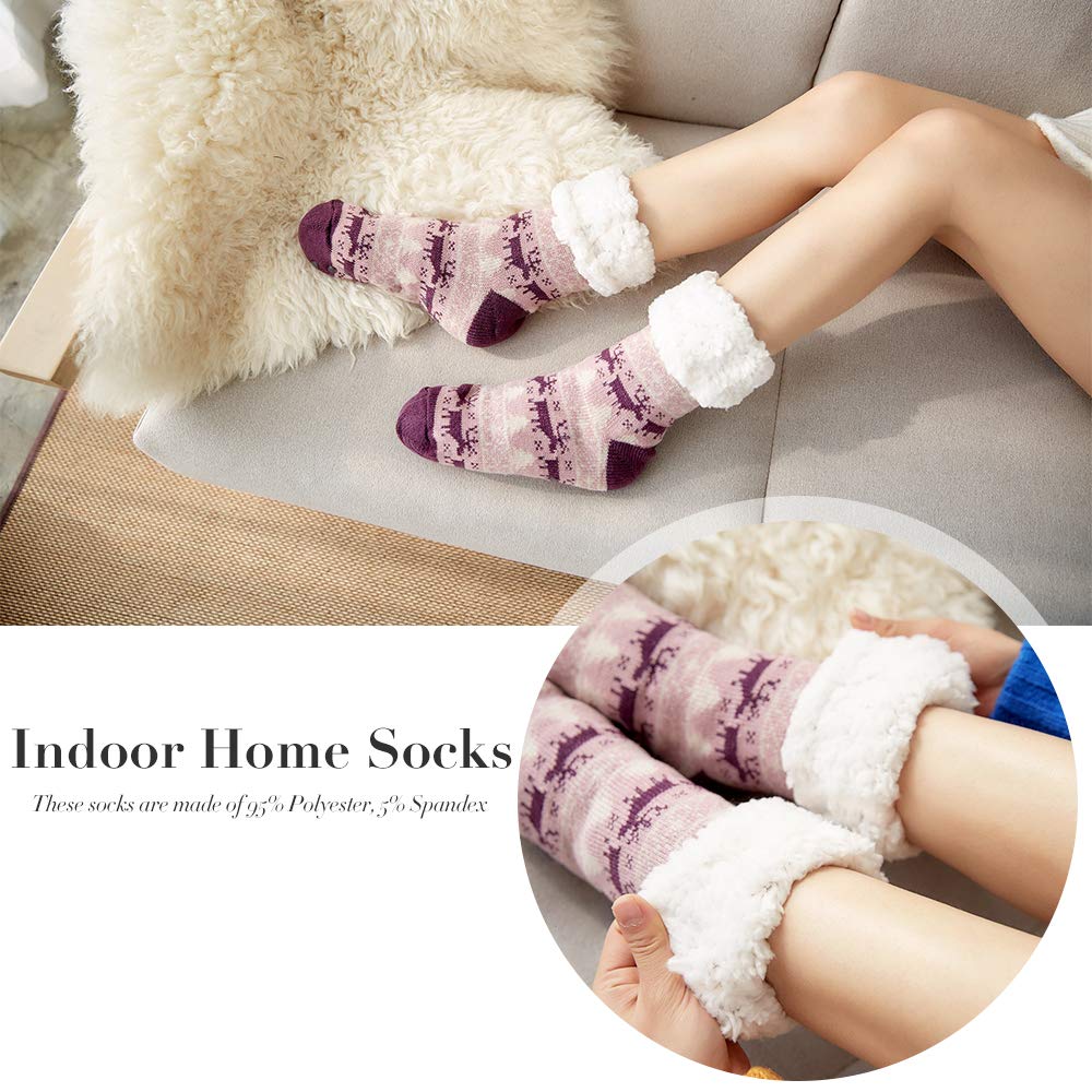 4YOUALL Womens Fleece Lining Soft Warm Fuzzy Sock, Christmas Thermal Knee High Stockings Slipper Socks (Purple Deer)