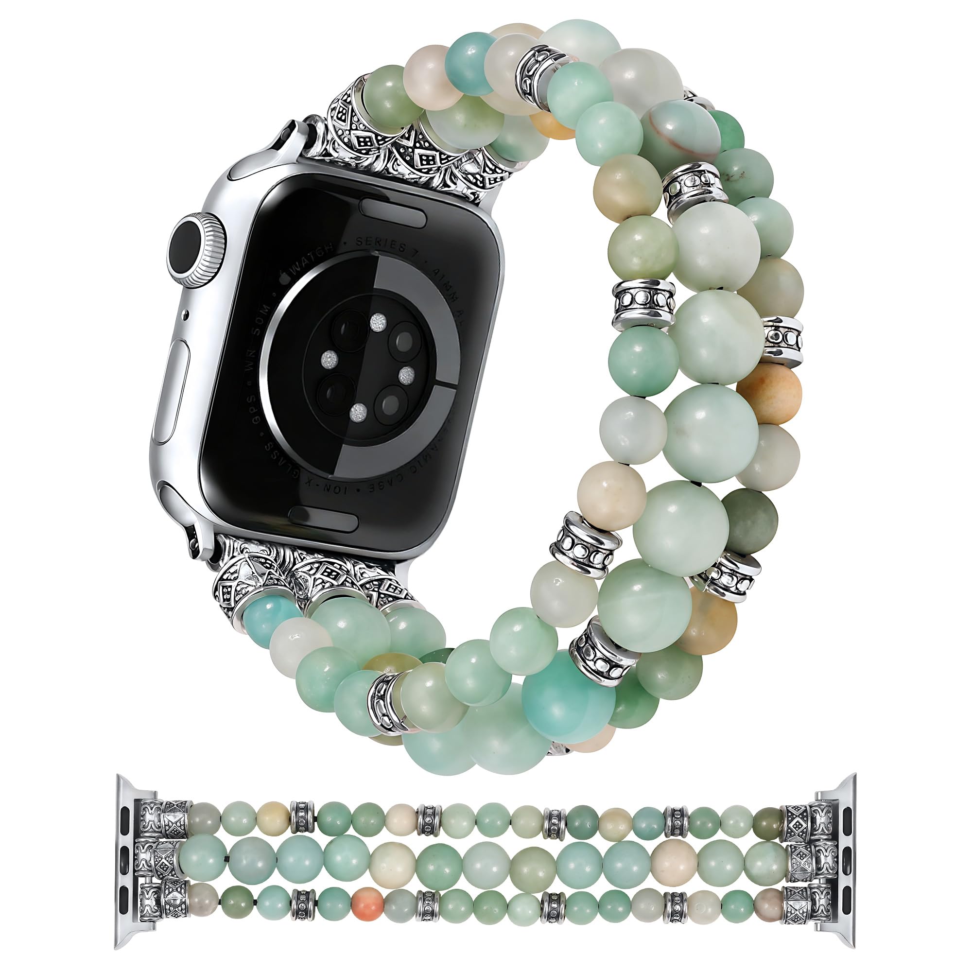 Moolia Stretch Natural Stone Strap Compatible with Apple Watch Bands 40/42/41/38mm Women, Jasper Handmade Bracelet Boho Beaded Band for iWatch Series 11 10 9 8 7 6 5 4 3 SE/Ultra 3 2 1, Blue Ocean