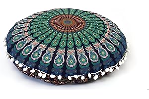 CRAFT KALA 22 Inch Meditation Floor Pillows Cover Round Pillow Seating Hippie Decorative Adults Bohemian Mandala Circle Floor Cushion Cover Outdoor Living Room Throw Ottoman Poufs Cover (Blue Mirchi)