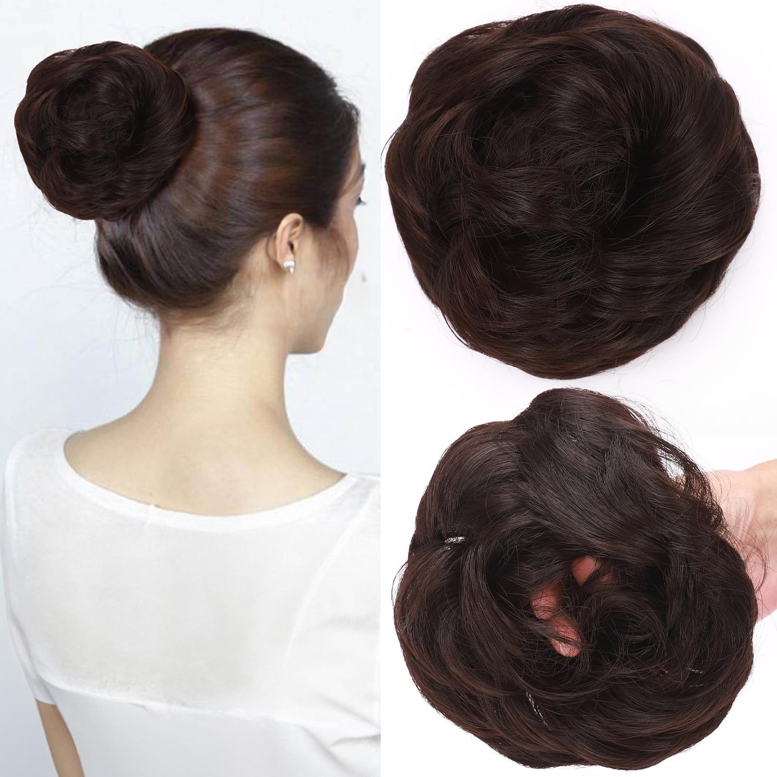 SEGOHAIR Messy Bun Hair Piece Fake Hair Bun Hair Scrunchies Bun - Lightweight 35g Synthetic Hair Bun Piece for Women, Dark Brown Curly Wavy Elastic updo Scrunchy Bun