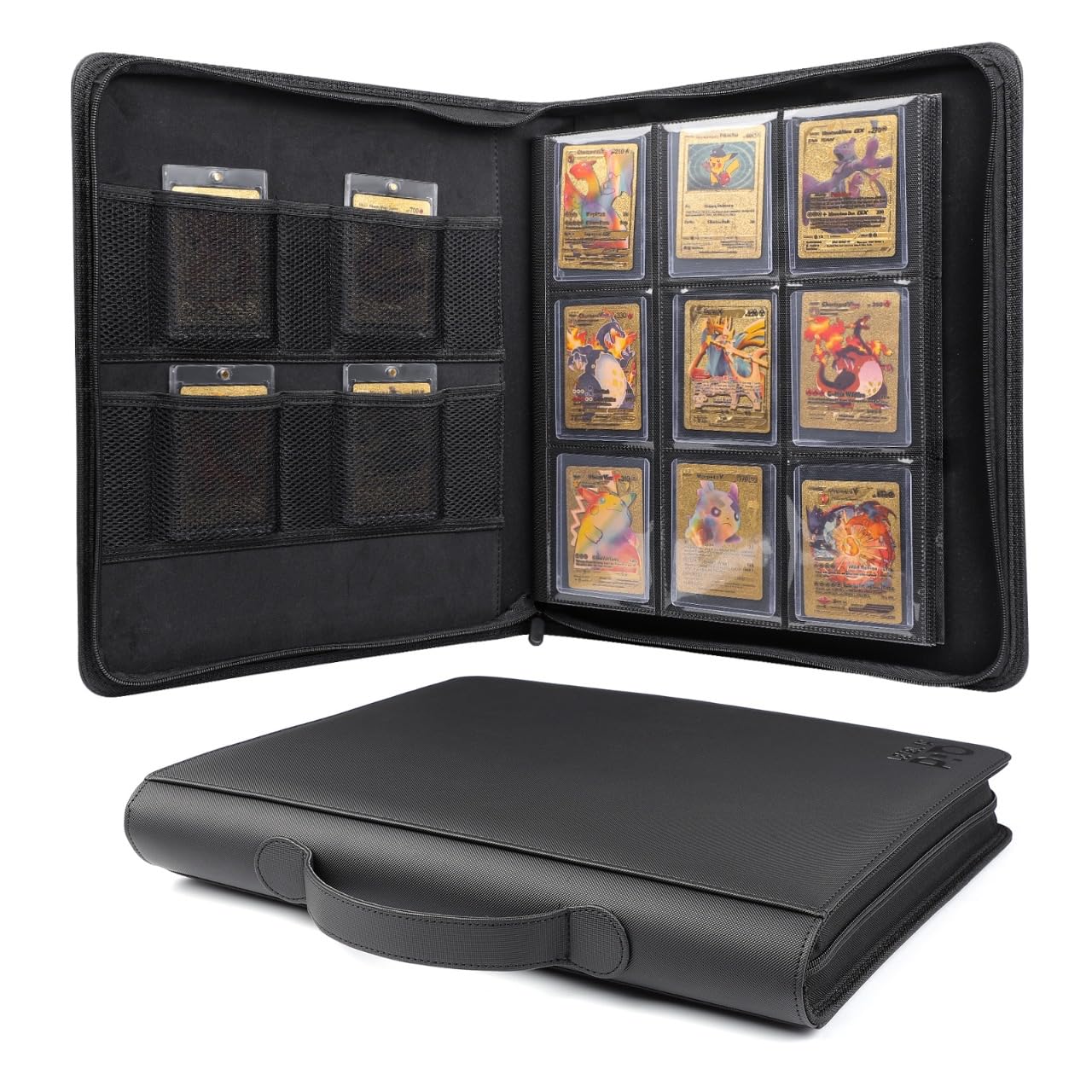 Photo 1 of Level Up Pro Top Loader Binder 9 Pocket – Toploader Binder Holds 288 top loaders – Card Binder top Loader – Mesh Pocket, Hidden AirTag Pocket, Hand Strap – Matte Black Baseball Card Holder