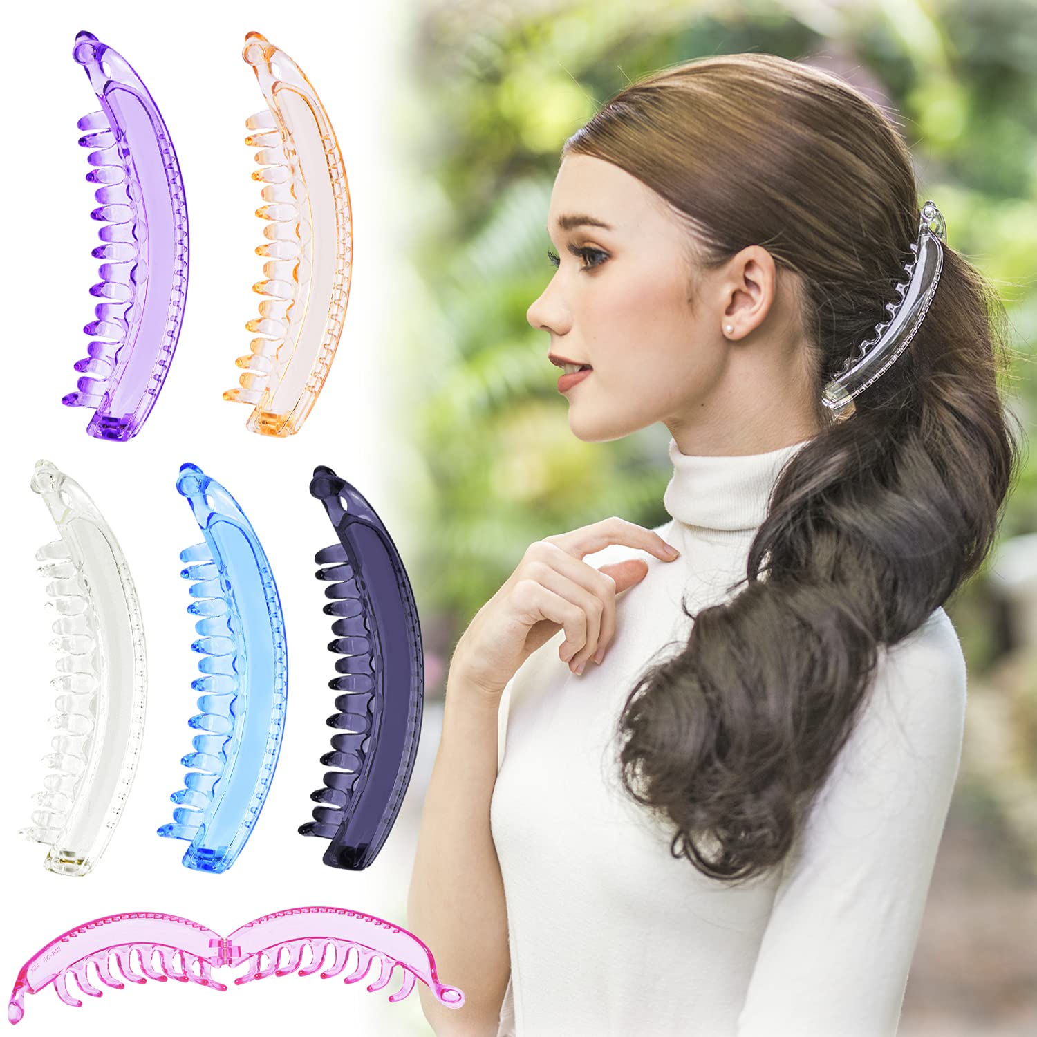RC ROCHE 6 Pcs Large Banana Hair Clips Claws for Women Thick Curly Ponytail Holder Maker Big Comb No Crease Strong Hold Styling Clasp, Large Transparent Multicolor