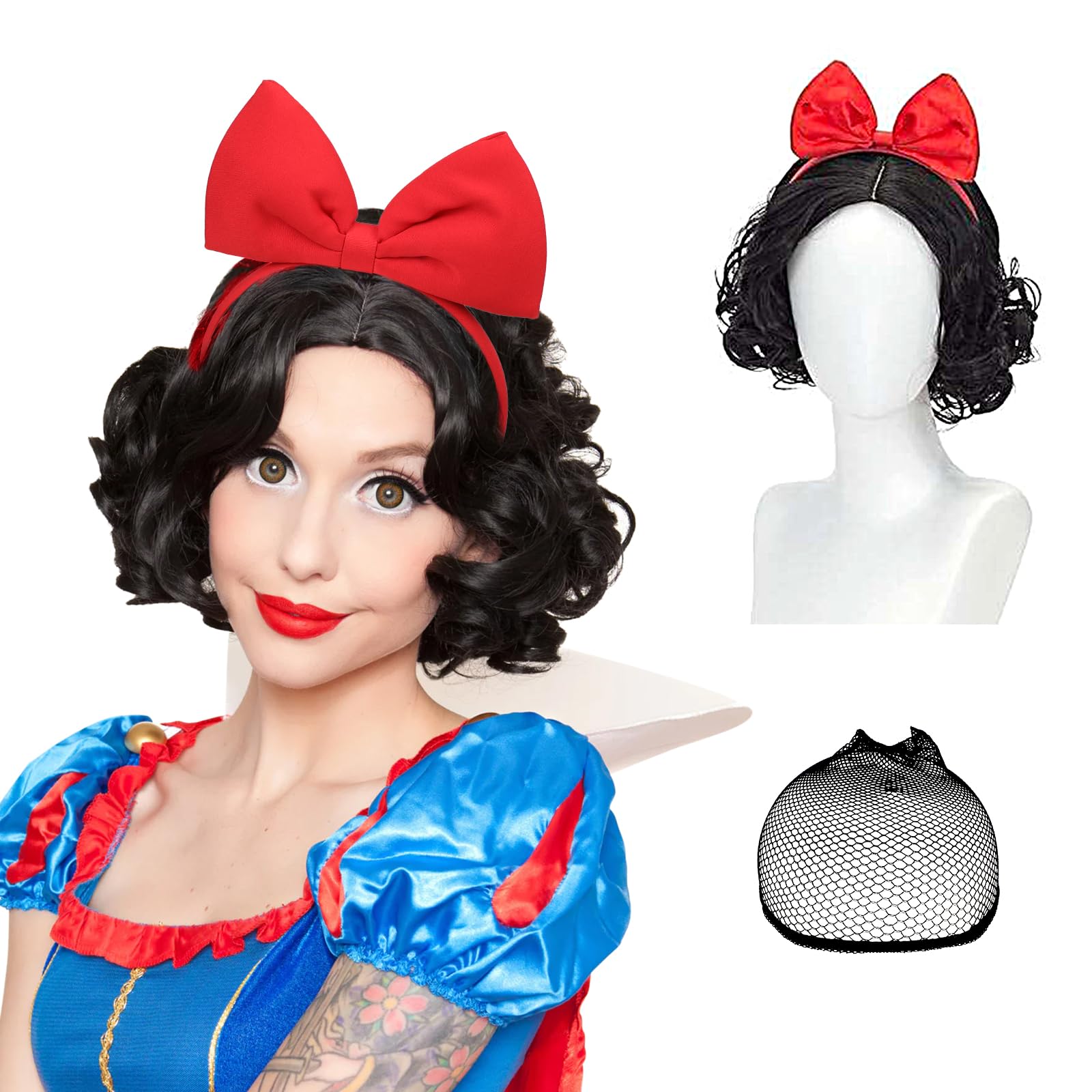 Pwsap 3Pcs Short Black Wavy Wigs for Women with Bow Headband Wig Cap, Curly Wigs Layered Natural Synthetic Wig Costume Bob Hair Wig Anime Cosplay Full Head Wigs for Halloween Christmas Party Carnival
