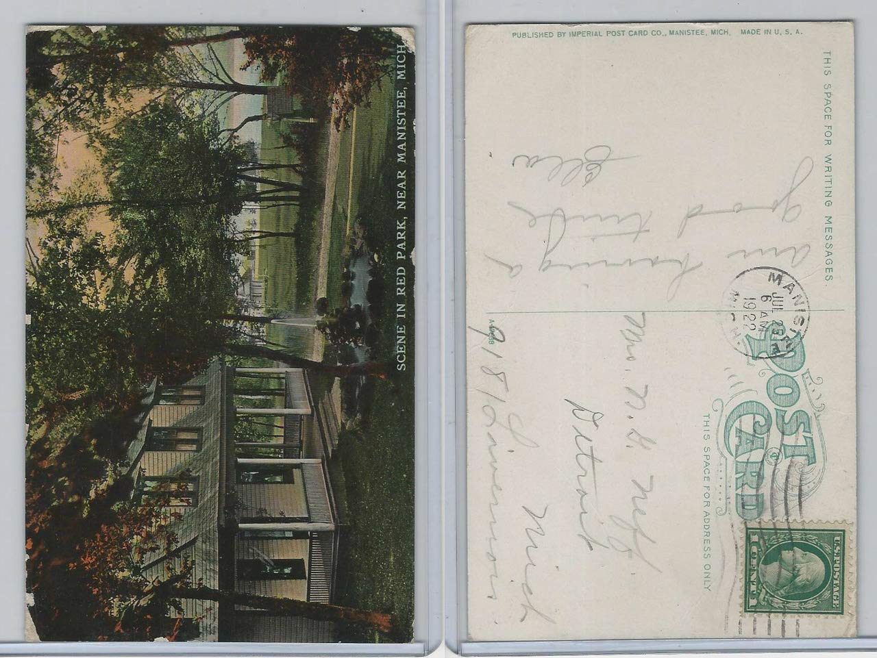 Postcard Michigan Scene In Red Park Manistee 1922 Cabin Lake