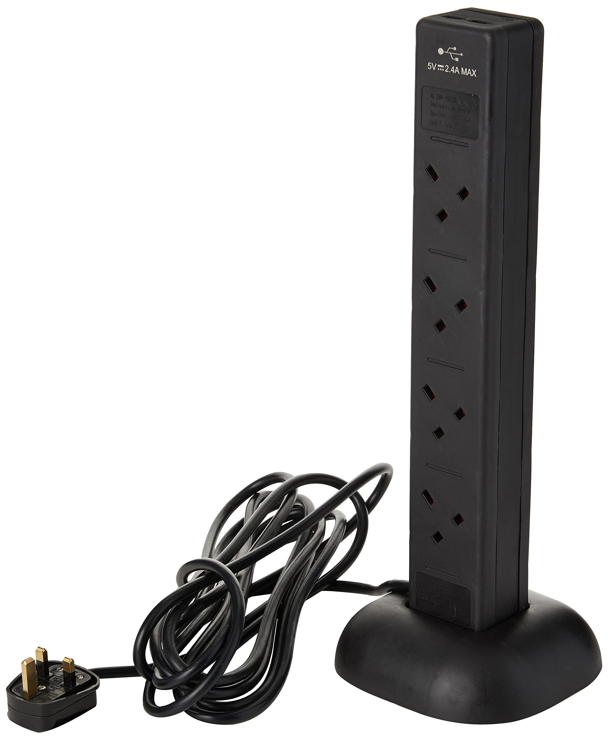 PRO ELEC PEL00137 – 8‑Gang Surge Protected Tower Extension Lead with USB, 5 m, Black
