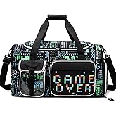 Oruiji Sports Bag for Boys Kids Duffle Bag with Shoe Compartment, Travel Overnight Bags for Kids Weekender Sleepover Bags for Boys, Black Game, 20"x11"x8.2"