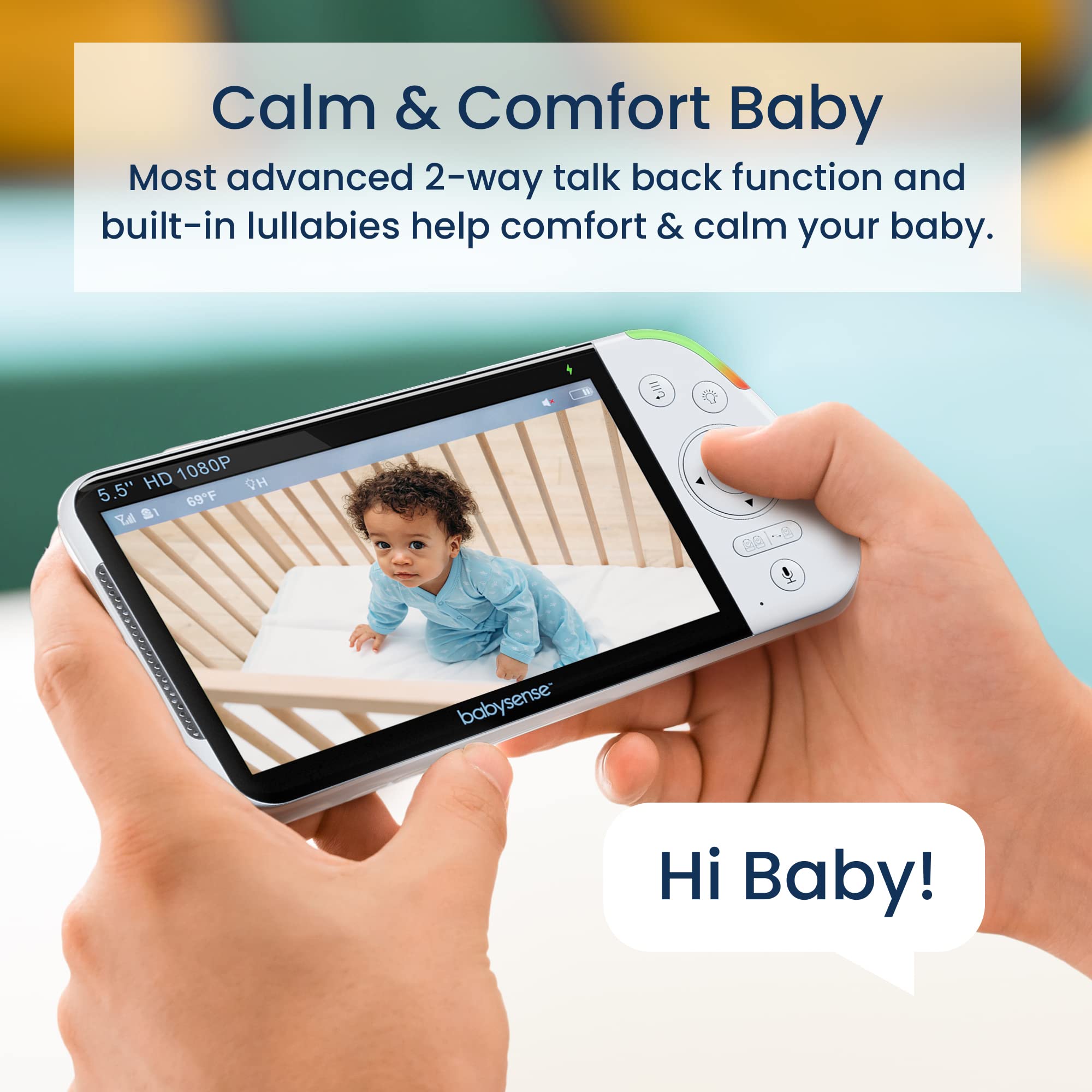 Babysense 5.5” 1080p Full HD Split-Screen Baby Monitor, Video Baby Monitor with Camera and Audio, PTZ Camera, RGB Night Light, 1000ft Range, Two-Way Audio, 4X Zoom, 5000mAh Battery