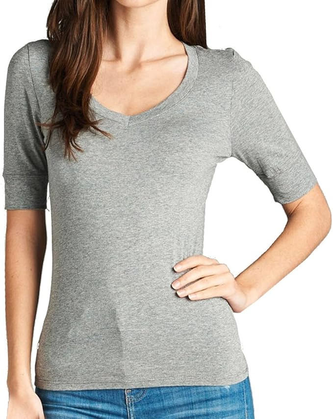 Women's Basic Elbow Sleeve V-Neck Cotton T-Shirt Plain Top (Plus Size Available) M Heather Grey 