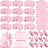 Wavyknot 48 Pcs Galentine Spa Party Supplies Sleepover Essentials 12 Spa Headband 12 Plush Eye Mask 12 Claw Clips 12 Organza Bag for Adult Slumber Party Supplies Valentine Gift(Pink)